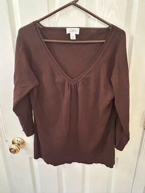 LOFT Brown V-Neck Long Sleeve Top with Subtle Gather